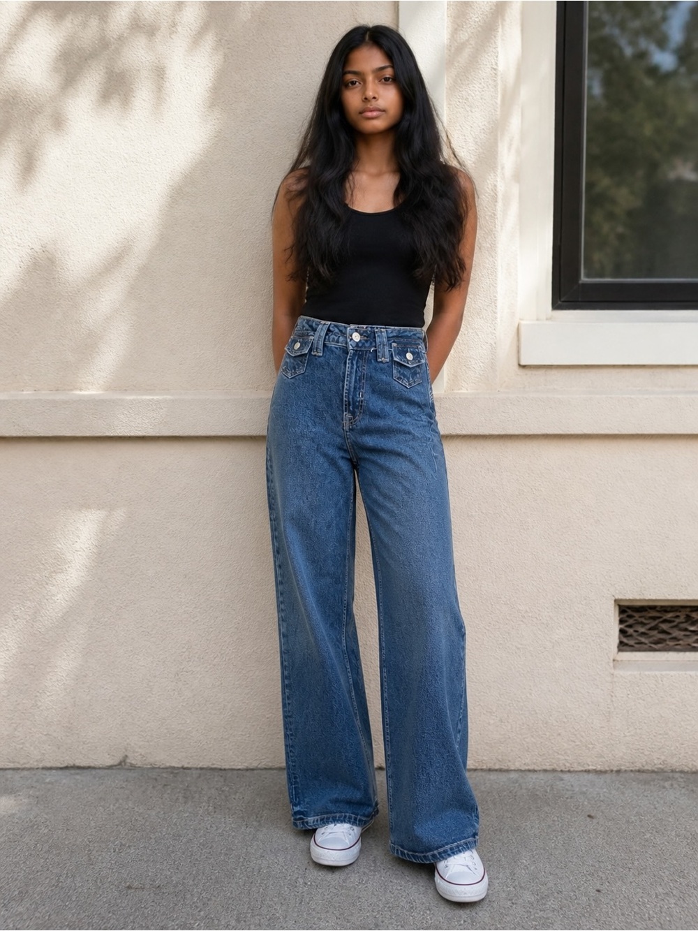 We The Free Wide Leg Flare Jeans in Dark Blue Denim
